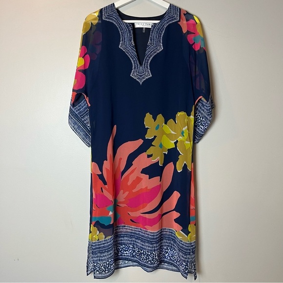 Trina Turk Joceline Semi Sheer Navy and Floral Dress 0 - Picture 1 of 10